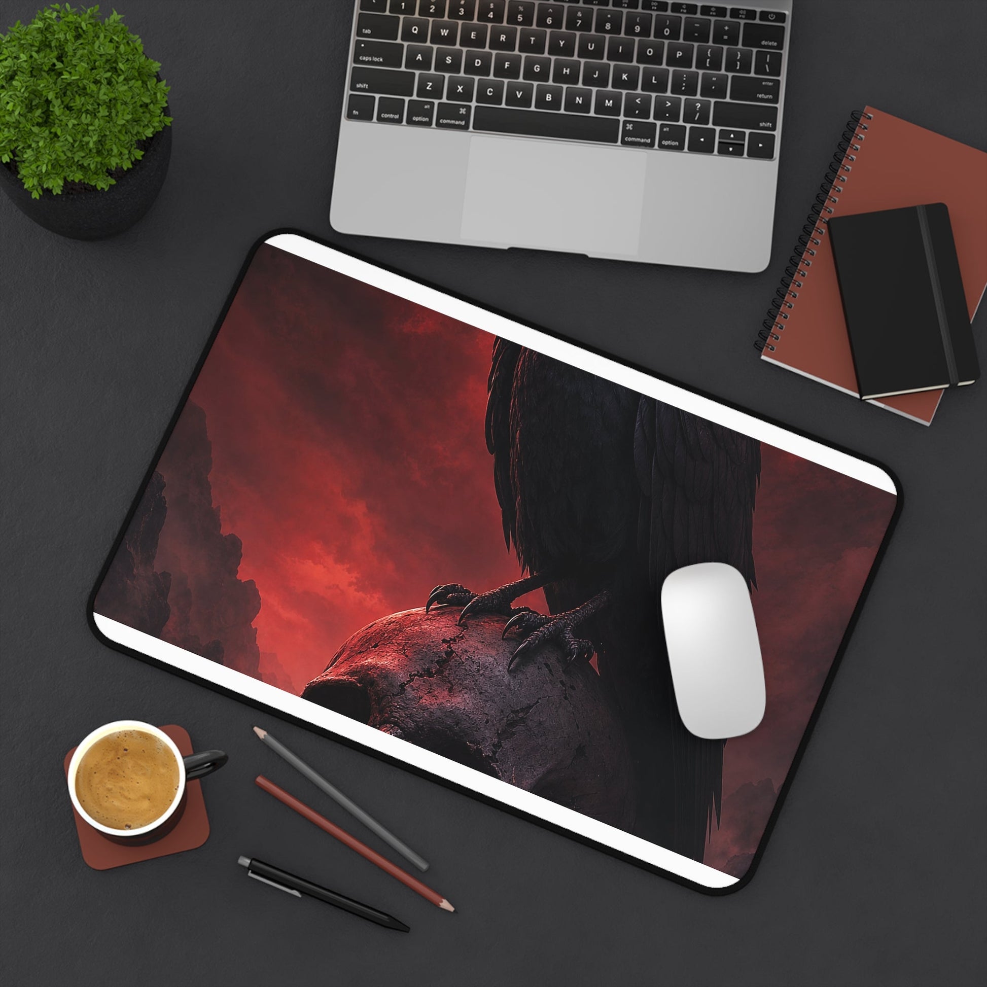 Raven Perched On Skull - Dark Fantasy Gaming Desk Mat - Moikas