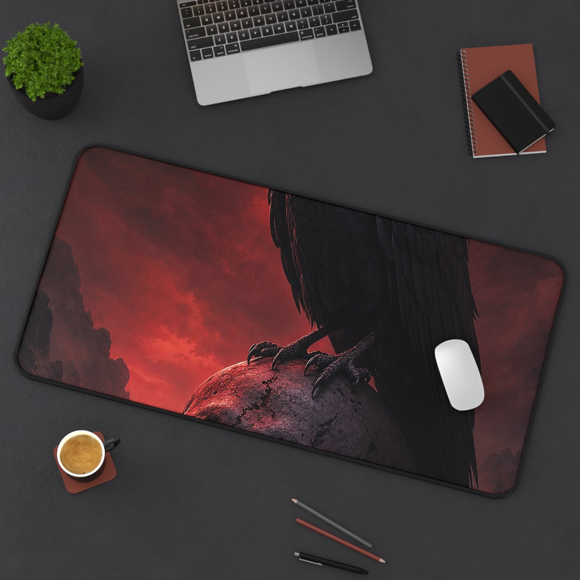 Raven Perched On Skull - Dark Fantasy Gaming Desk Mat - Moikas
