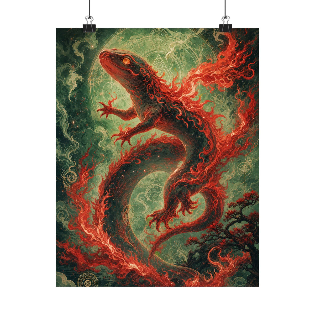 Salamander Spirit In Flame - Japanese Mythology Art Print (Matte Poster) - Moikas