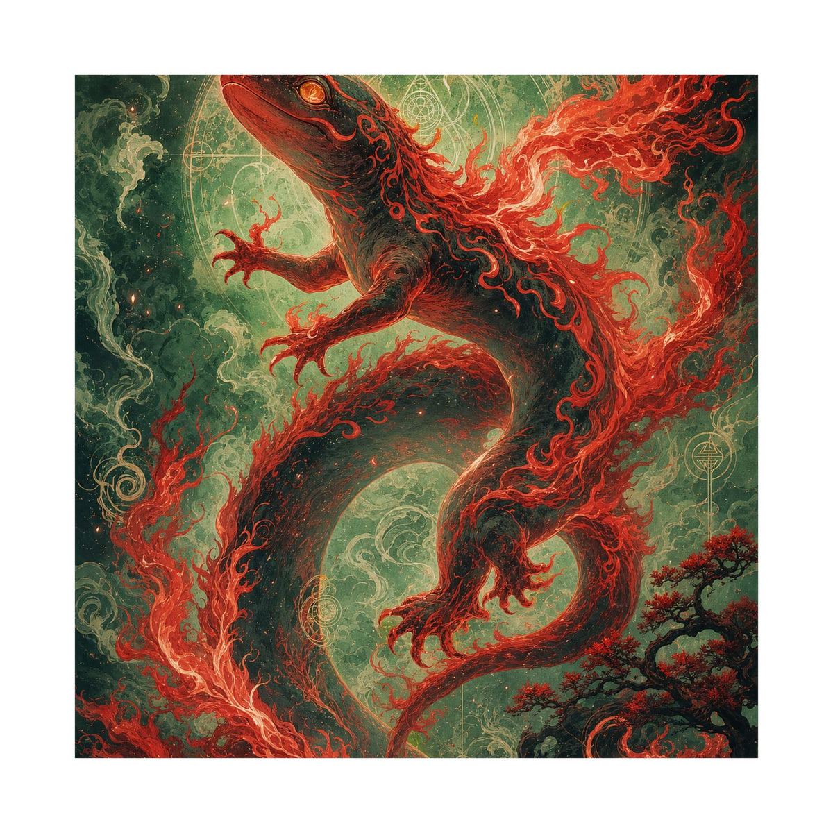 Salamander Spirit In Flame - Japanese Mythology Art Print (Matte Poster) - Moikas