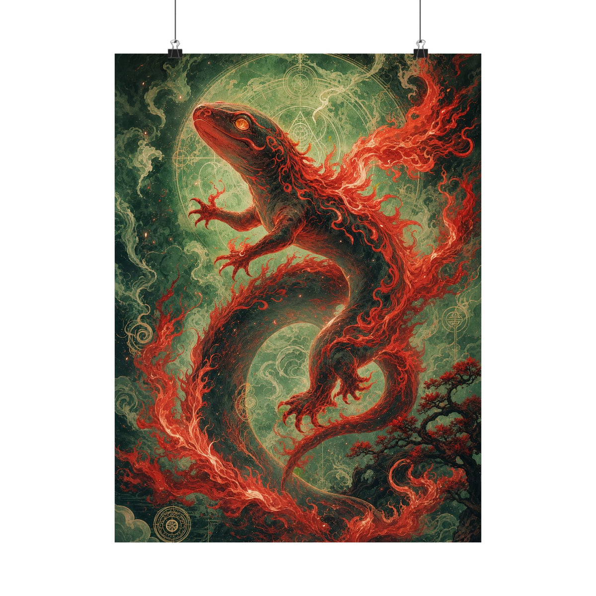 Salamander Spirit In Flame - Japanese Mythology Art Print (Matte Poster) - Moikas