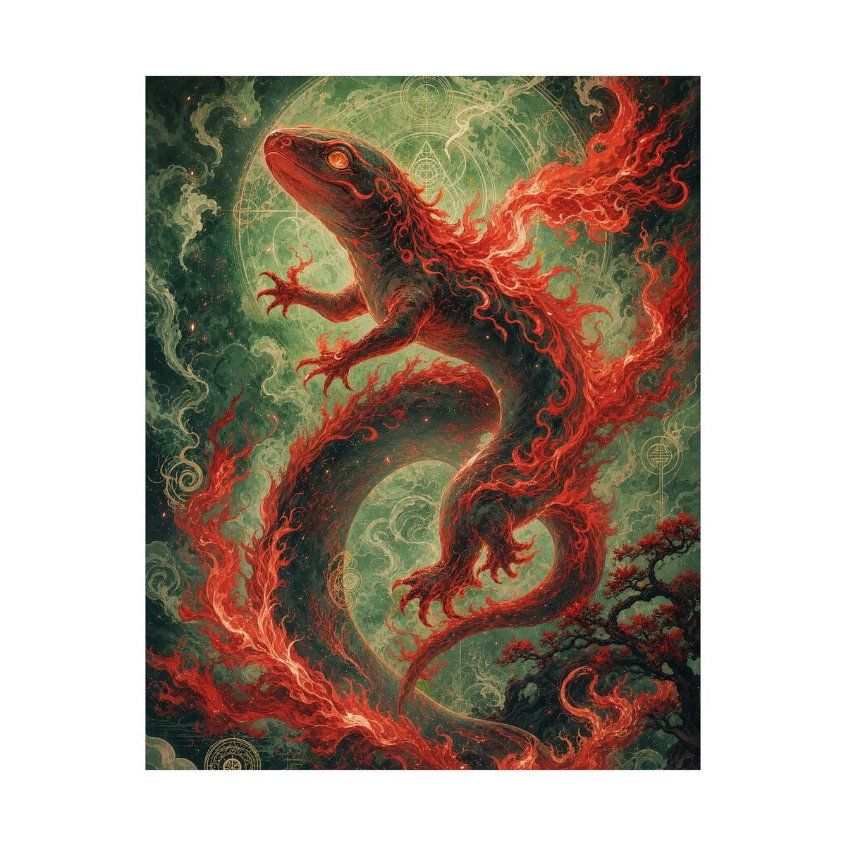 Salamander Spirit In Flame - Japanese Mythology Art Print (Matte Poster) - Moikas