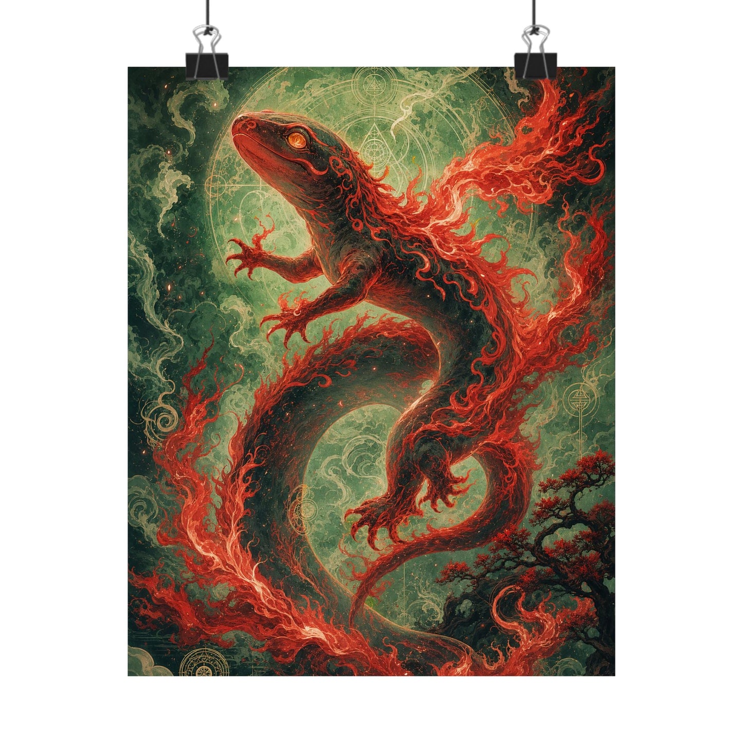Salamander Spirit In Flame - Japanese Mythology Art Print (Matte Poster) - Moikas