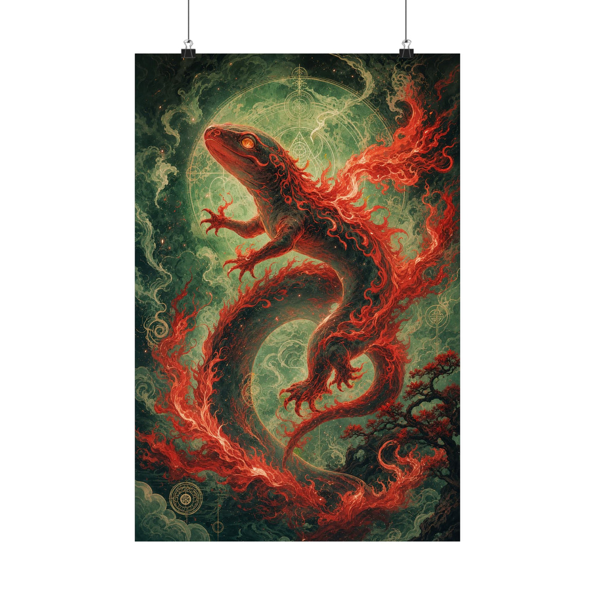 Salamander Spirit In Flame - Japanese Mythology Art Print (Matte Poster) - Moikas