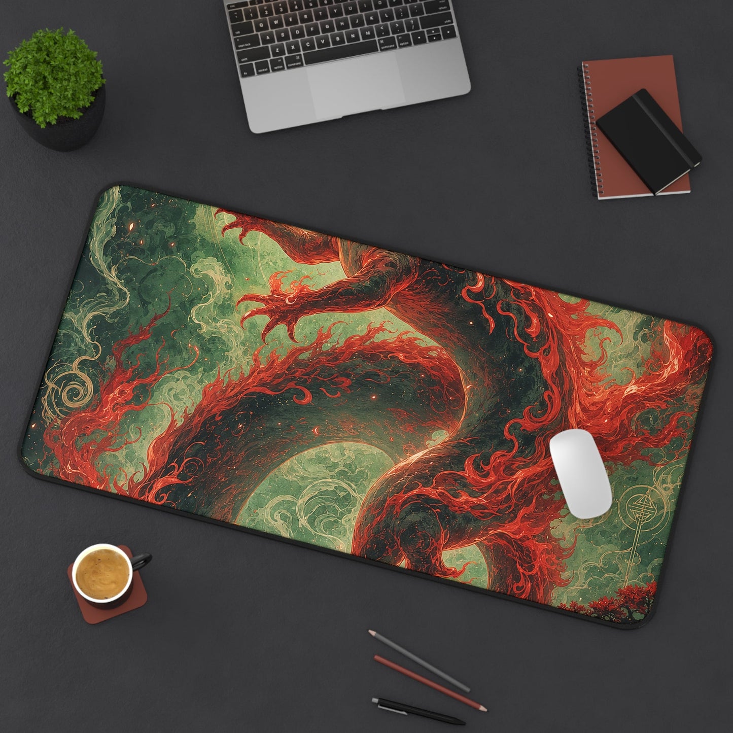 Salamander Spirit In Flame - Japanese Mythology Gaming Desk Mat - Moikas