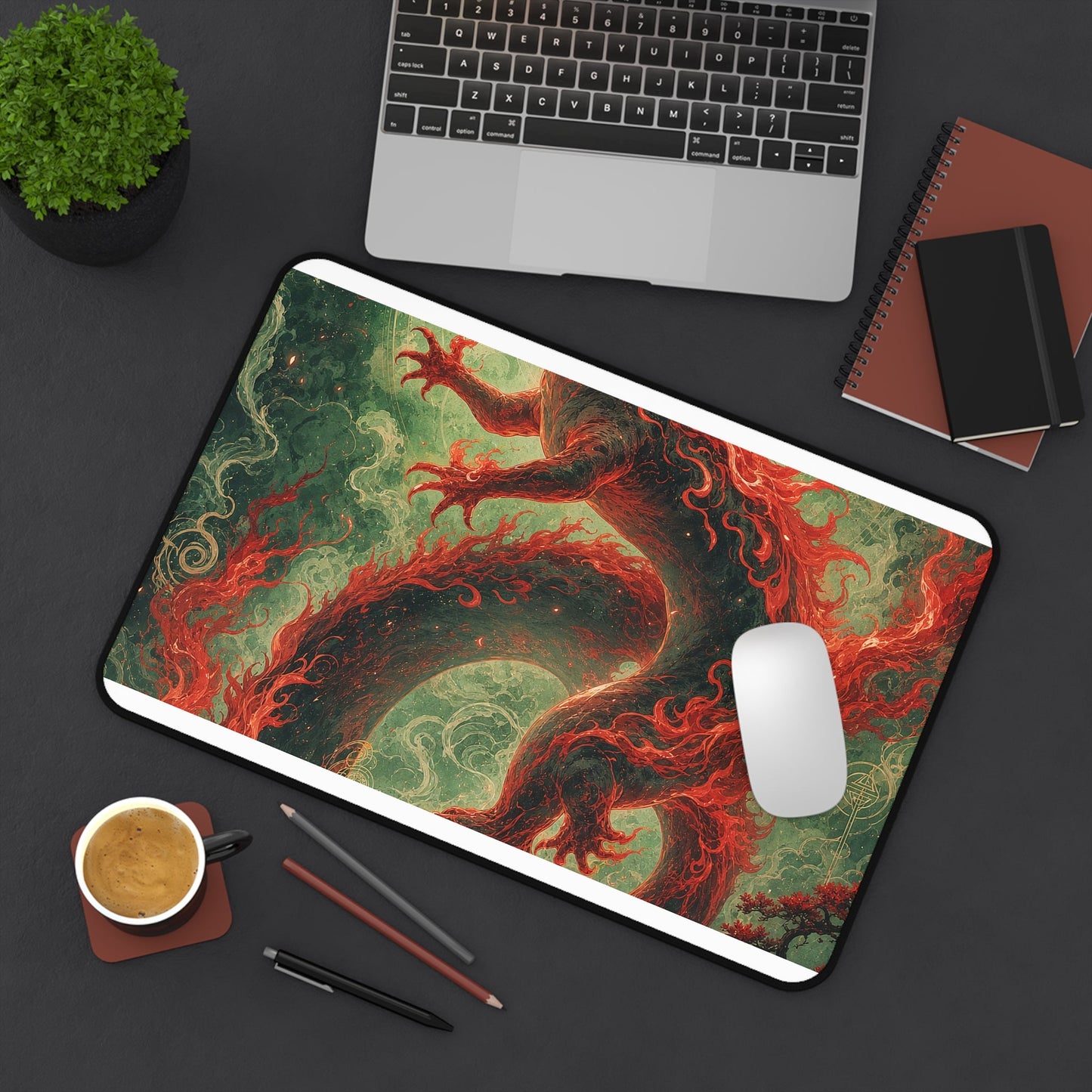 Salamander Spirit In Flame - Japanese Mythology Gaming Desk Mat - Moikas