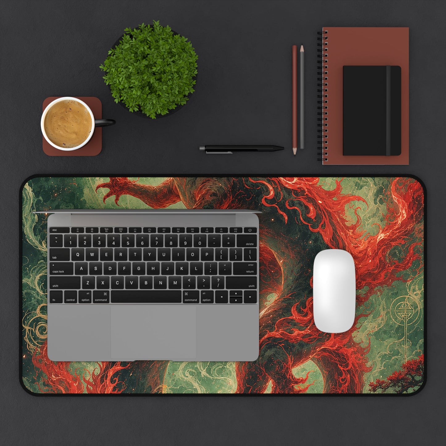 Salamander Spirit In Flame - Japanese Mythology Gaming Desk Mat - Moikas