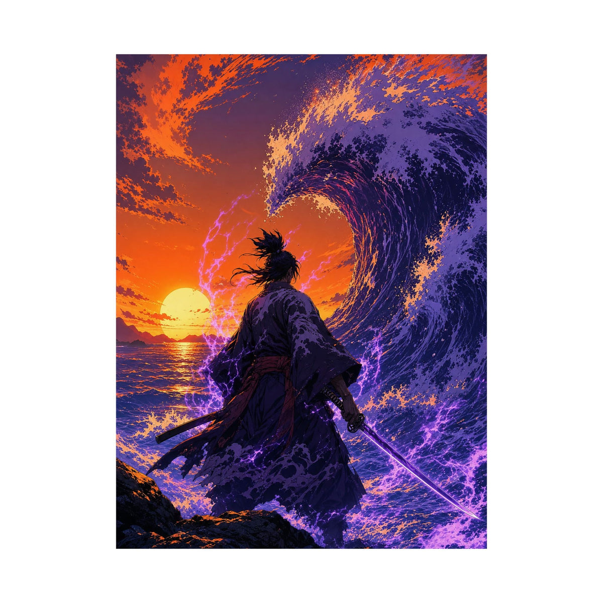 Samurai Facing Giant Wave - Anime Manga Art Print (Matte Poster) - Moikas