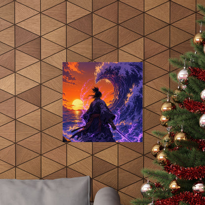 Samurai Facing Giant Wave - Anime Manga Art Print (Matte Poster) - Moikas