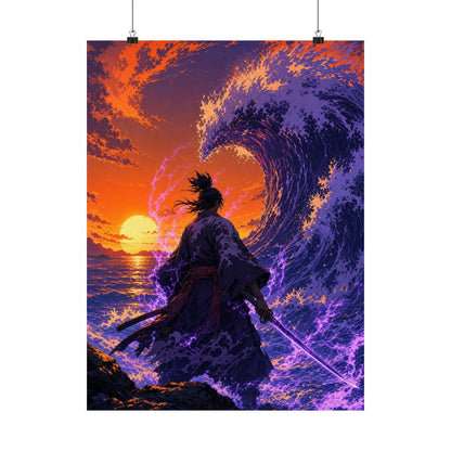 Samurai Facing Giant Wave - Anime Manga Art Print (Matte Poster) - Moikas