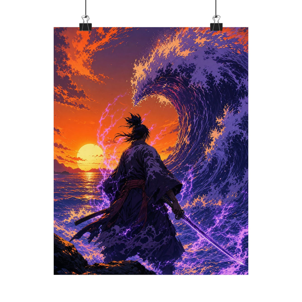 Samurai Facing Giant Wave - Anime Manga Art Print (Matte Poster) - Moikas