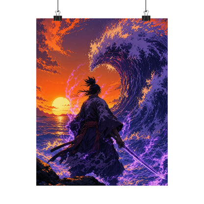 Samurai Facing Giant Wave - Anime Manga Art Print (Matte Poster) - Moikas