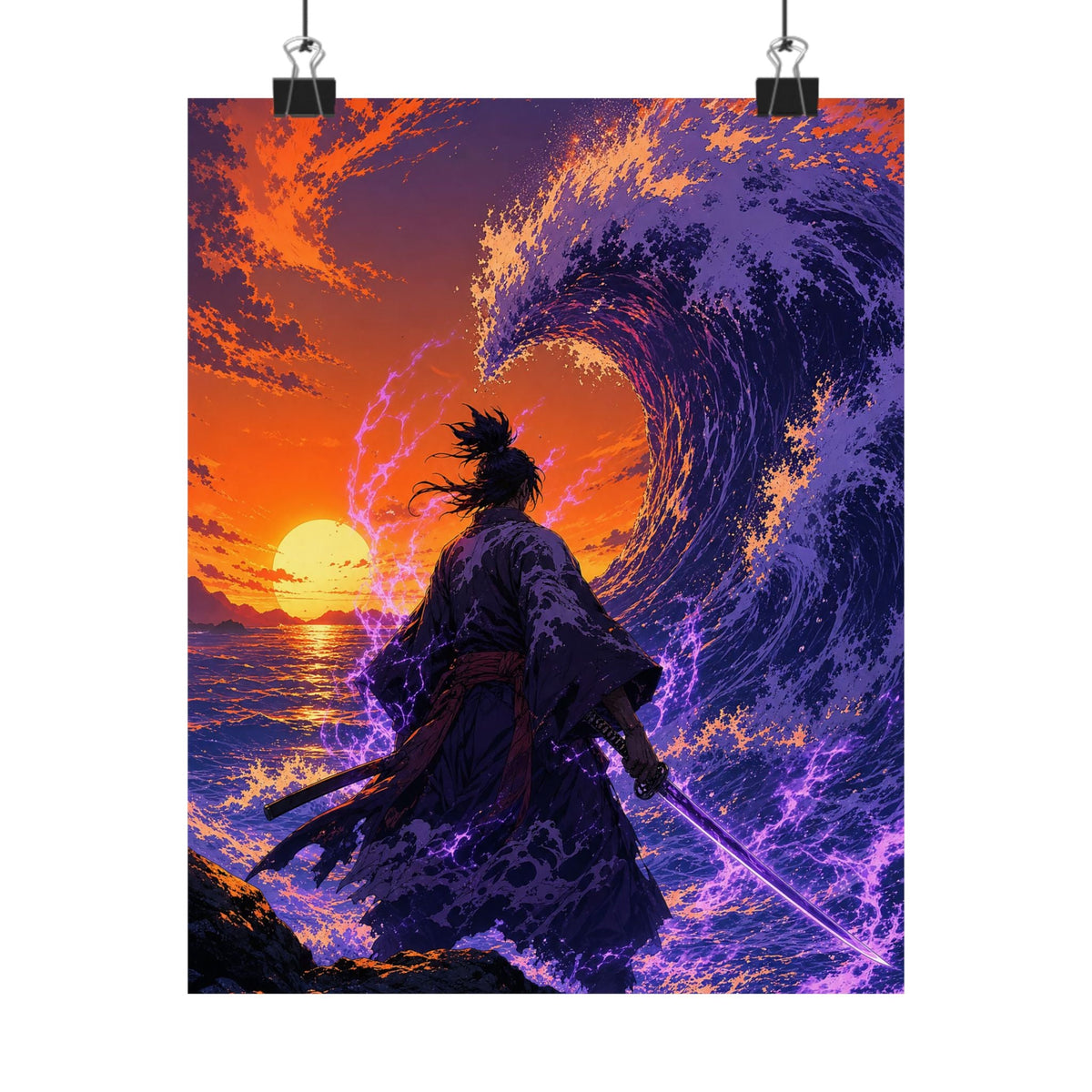 Samurai Facing Giant Wave - Anime Manga Art Print (Matte Poster) - Moikas