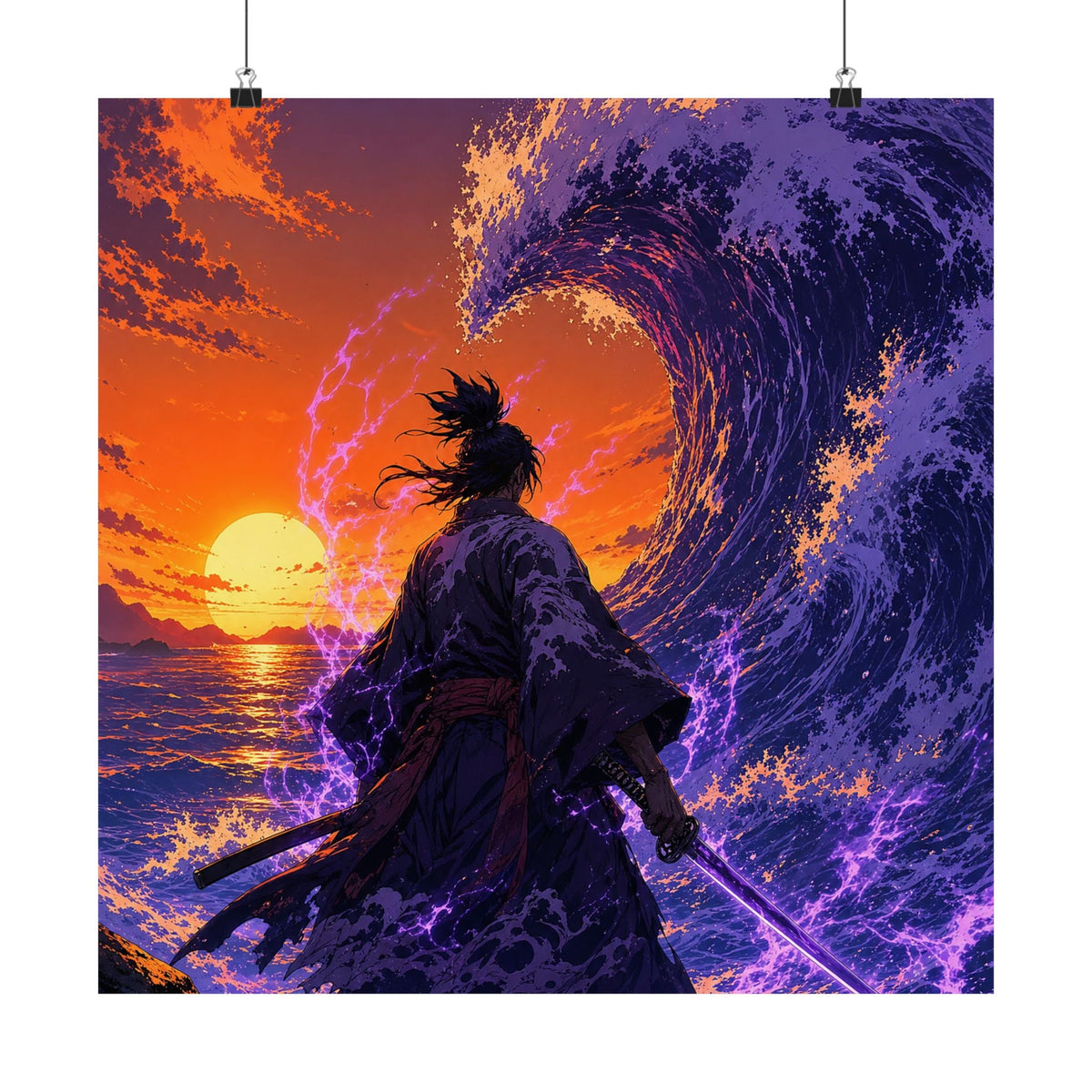 Samurai Facing Giant Wave - Anime Manga Art Print (Matte Poster) - Moikas