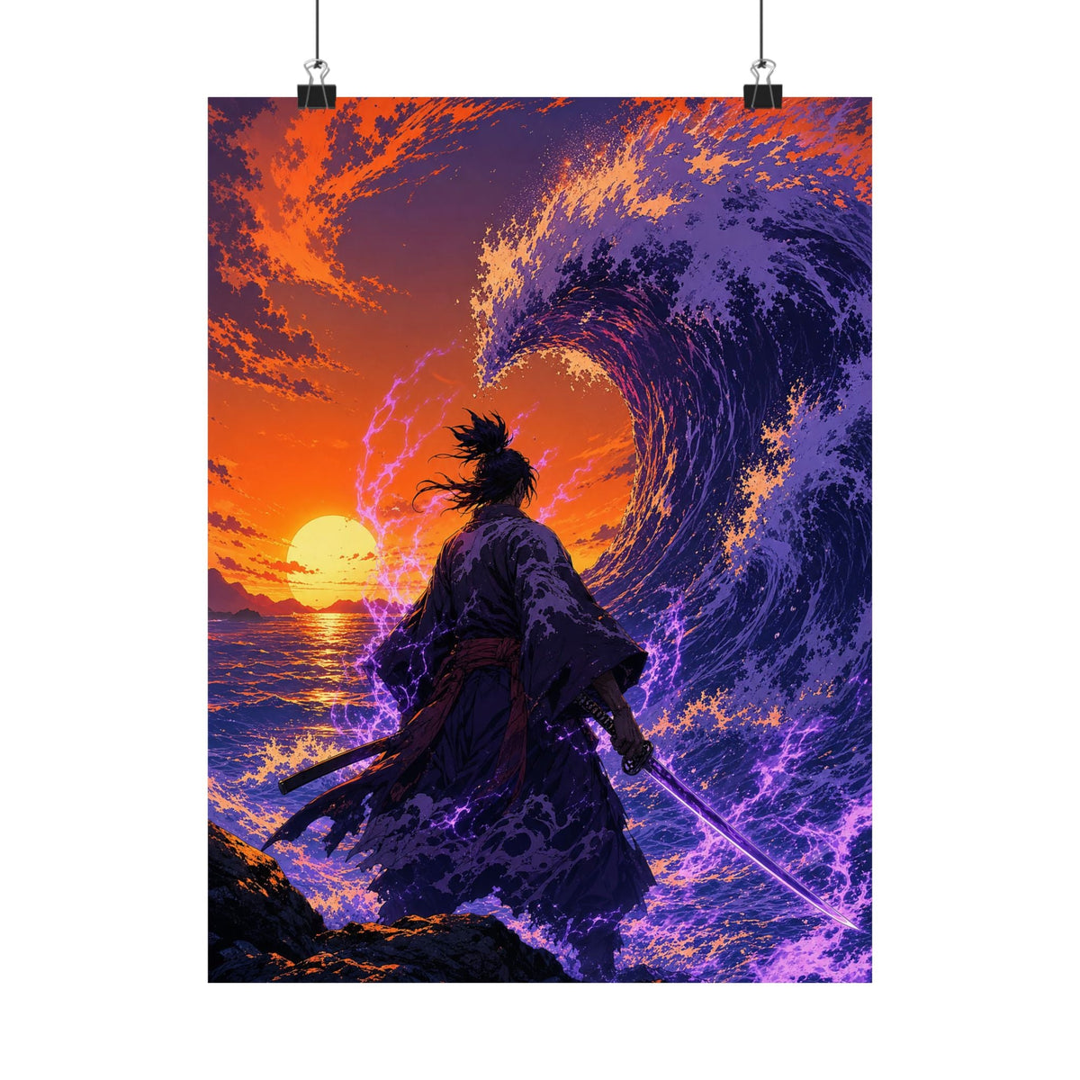 Samurai Facing Giant Wave - Anime Manga Art Print (Matte Poster) - Moikas
