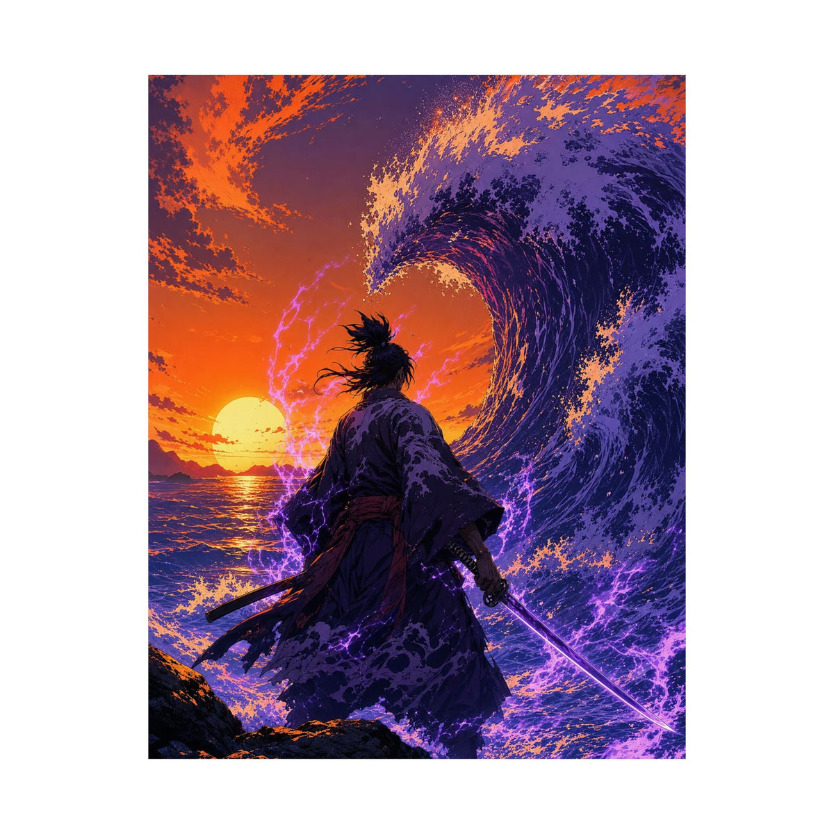 Samurai Facing Giant Wave - Anime Manga Art Print (Matte Poster) - Moikas
