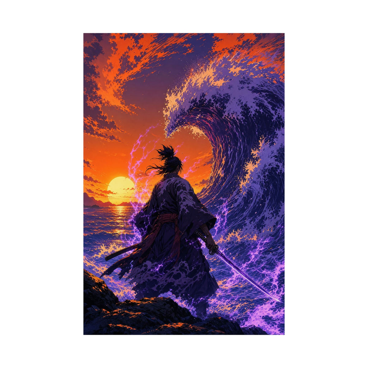 Samurai Facing Giant Wave - Anime Manga Art Print (Matte Poster) - Moikas