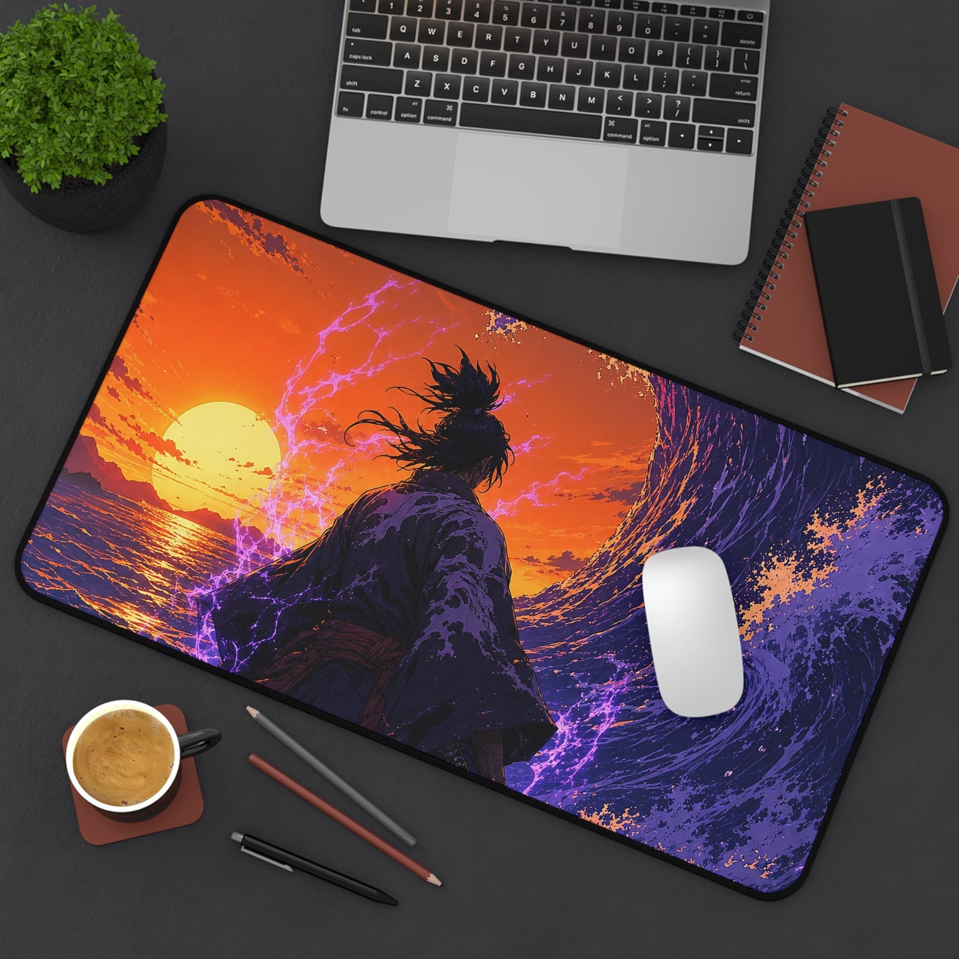 Samurai Facing Giant Wave - Anime Manga Gaming Desk Mat - Moikas