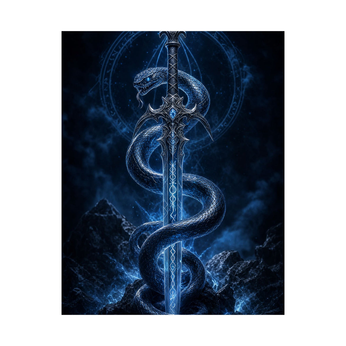 Serpent Coiled Around Sword - Dark Fantasy Art Print (Matte Poster) - Moikas