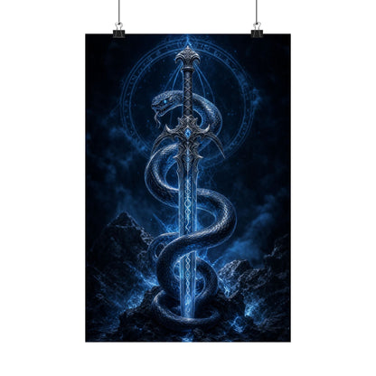 Serpent Coiled Around Sword - Dark Fantasy Art Print (Matte Poster) - Moikas