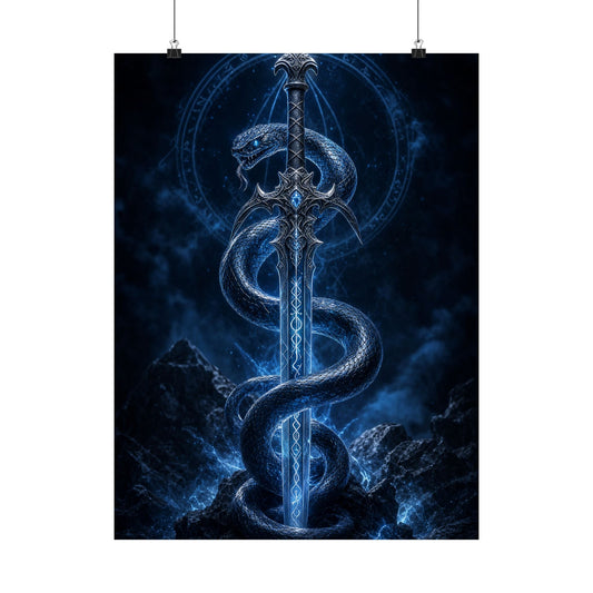 Serpent Coiled Around Sword - Dark Fantasy Art Print (Matte Poster) - Moikas