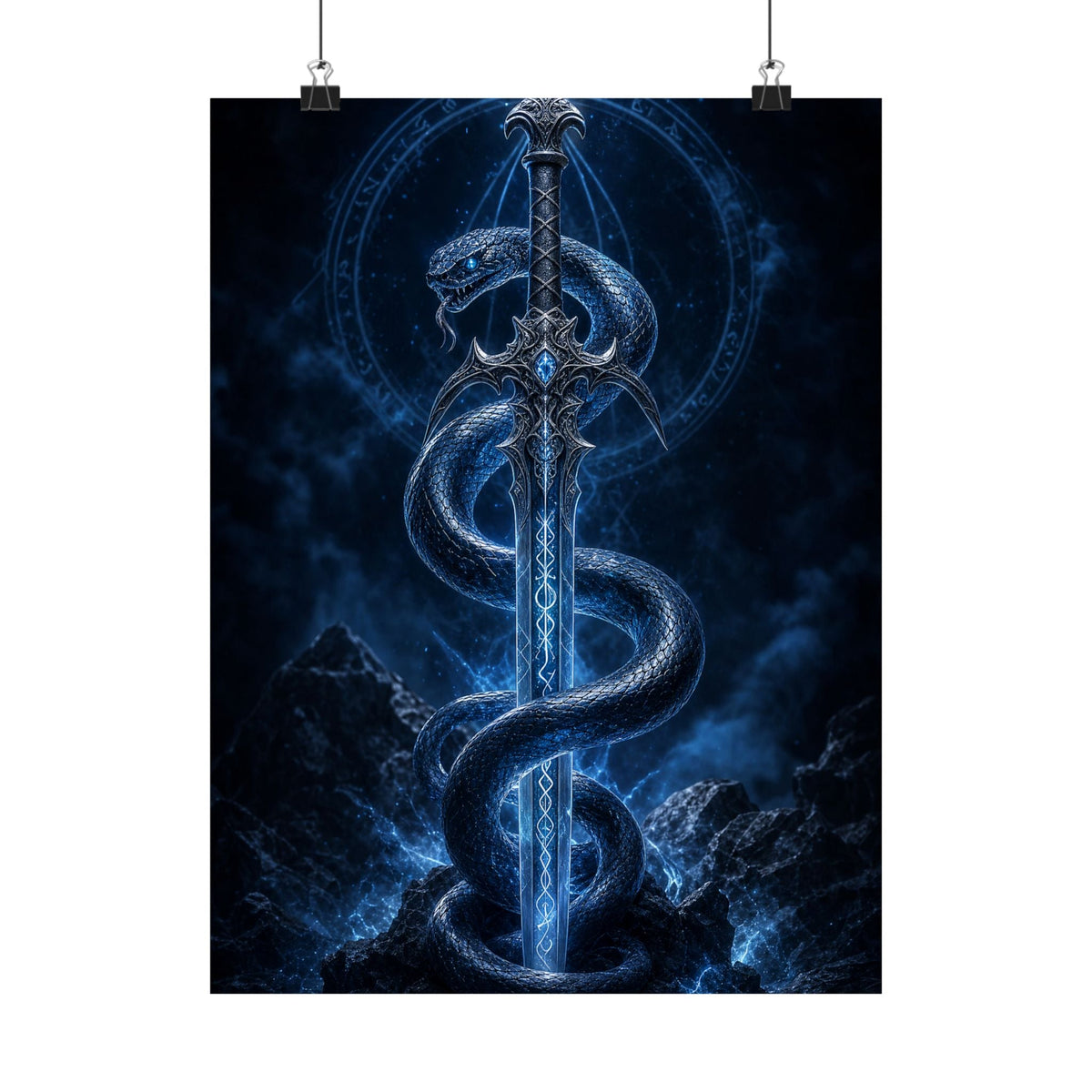 Serpent Coiled Around Sword - Dark Fantasy Art Print (Matte Poster) - Moikas