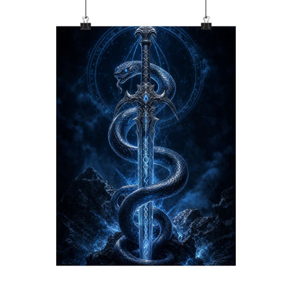 Serpent Coiled Around Sword - Dark Fantasy Art Print (Matte Poster) - Moikas