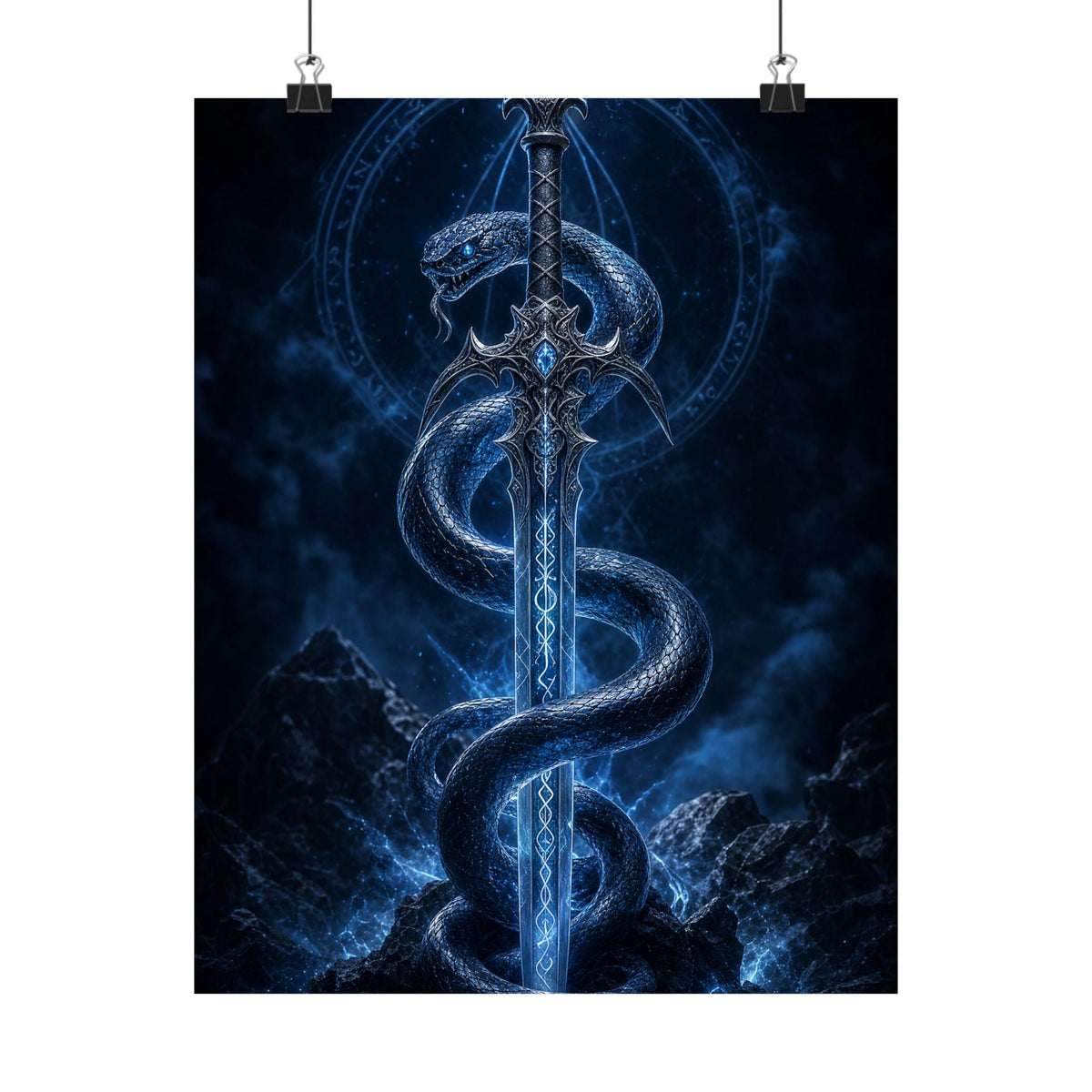 Serpent Coiled Around Sword - Dark Fantasy Art Print (Matte Poster) - Moikas