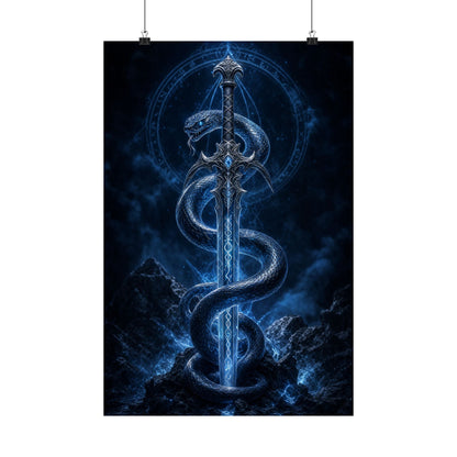 Serpent Coiled Around Sword - Dark Fantasy Art Print (Matte Poster) - Moikas