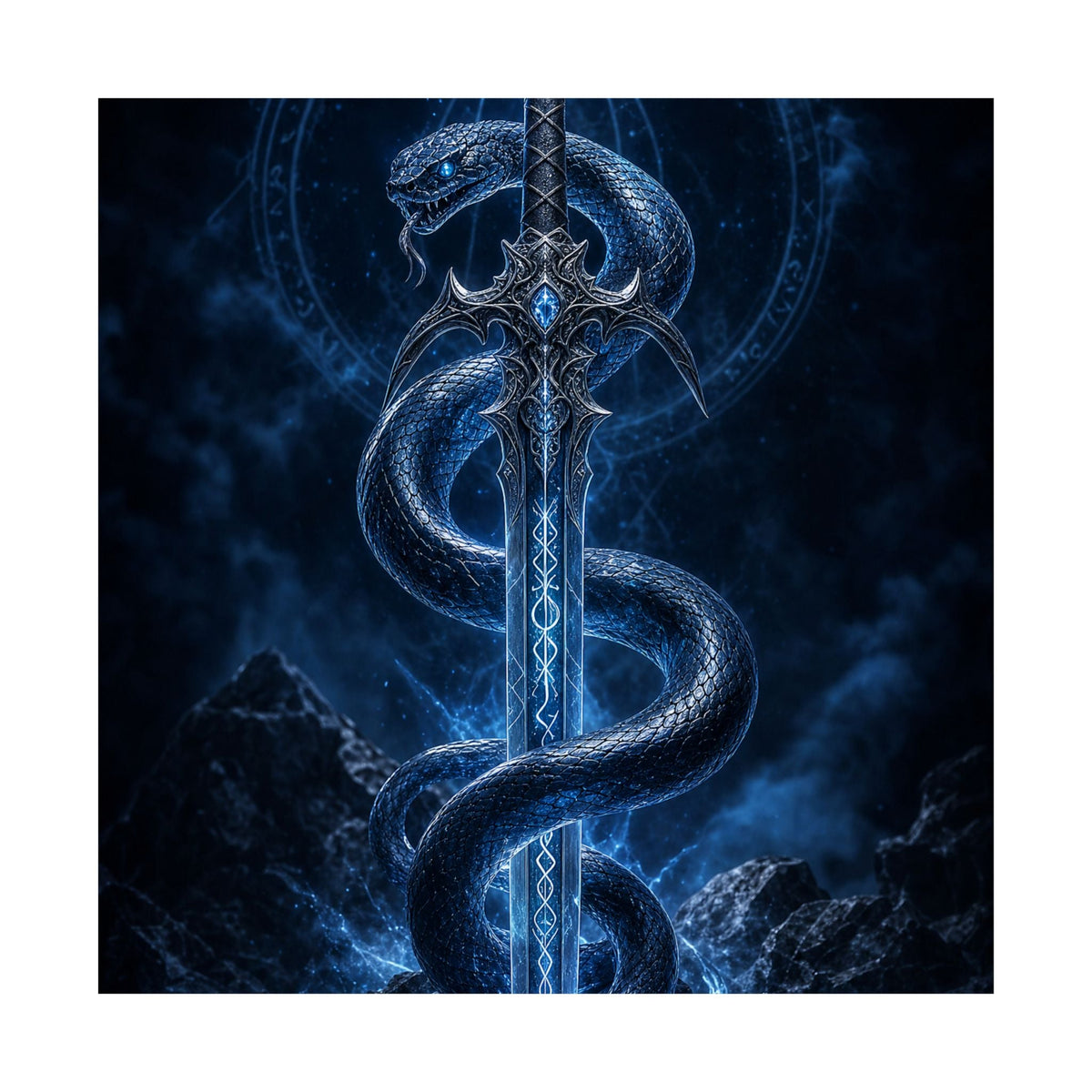 Serpent Coiled Around Sword - Dark Fantasy Art Print (Matte Poster) - Moikas