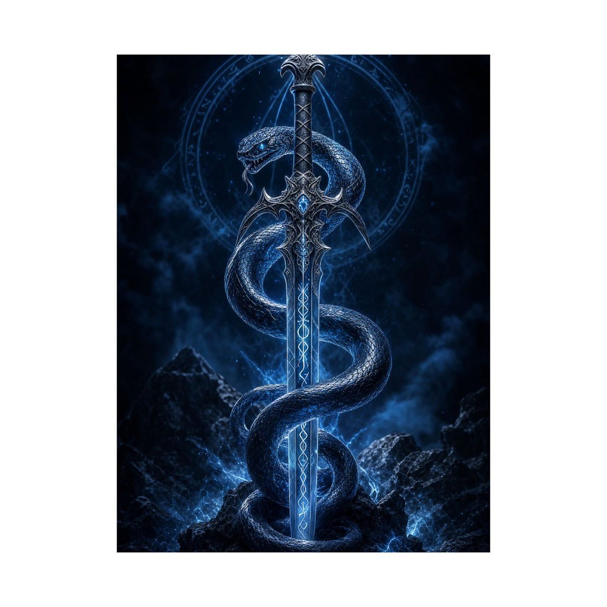 Serpent Coiled Around Sword - Dark Fantasy Art Print (Matte Poster) - Moikas
