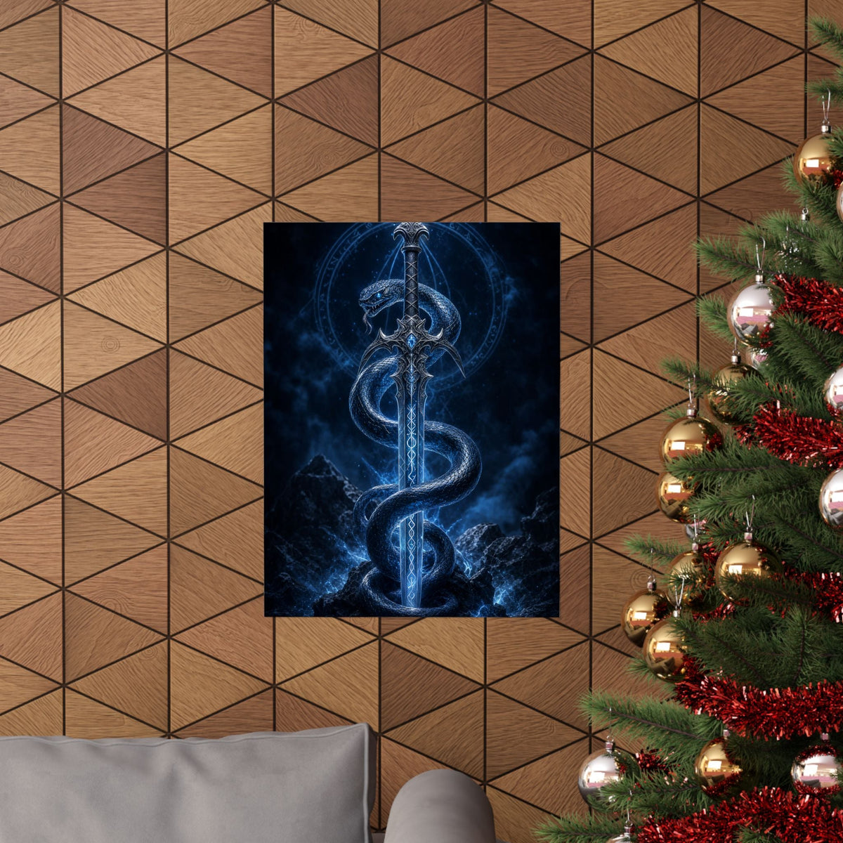 Serpent Coiled Around Sword - Dark Fantasy Art Print (Matte Poster) - Moikas