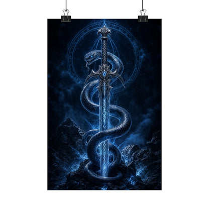 Serpent Coiled Around Sword - Dark Fantasy Art Print (Matte Poster) - Moikas