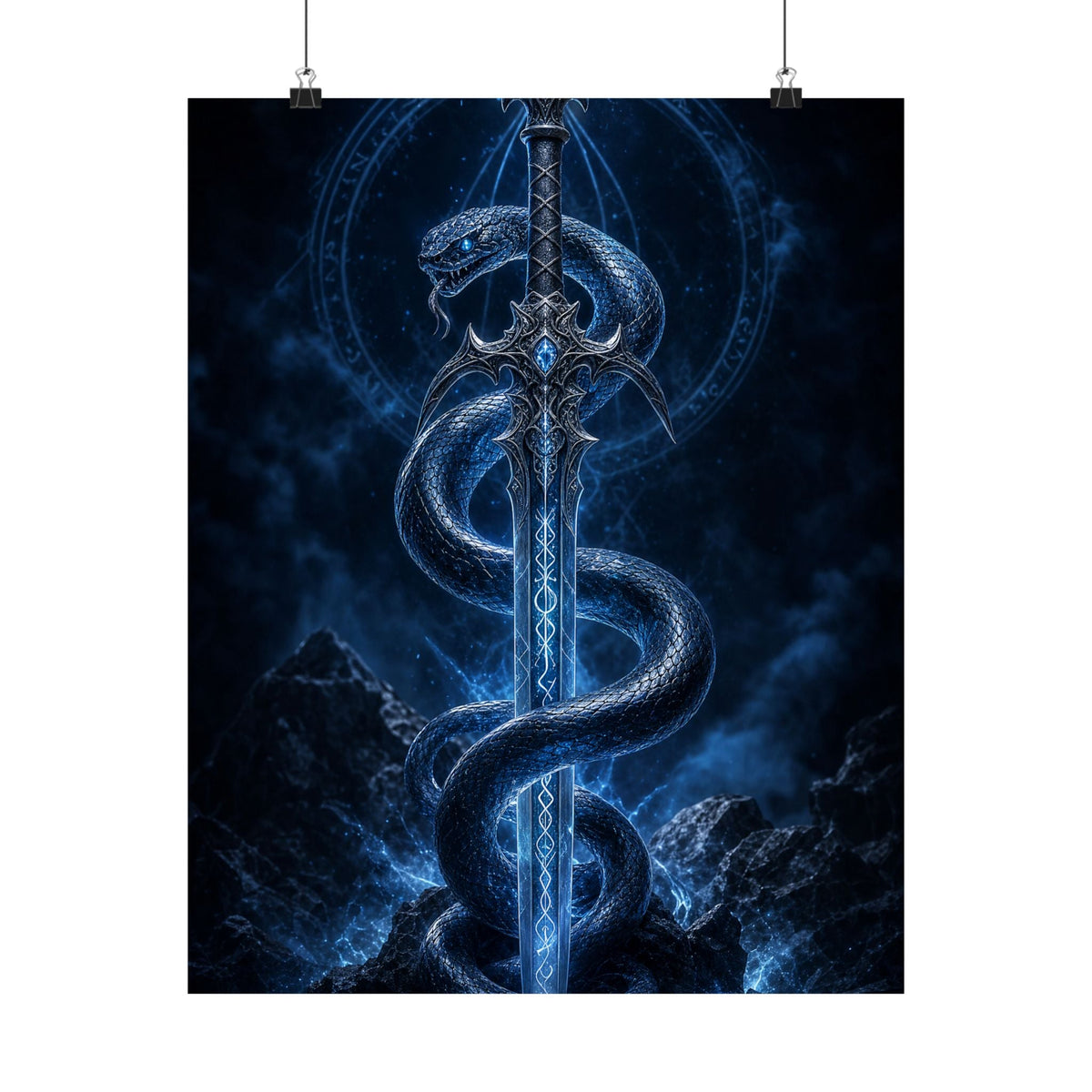 Serpent Coiled Around Sword - Dark Fantasy Art Print (Matte Poster) - Moikas
