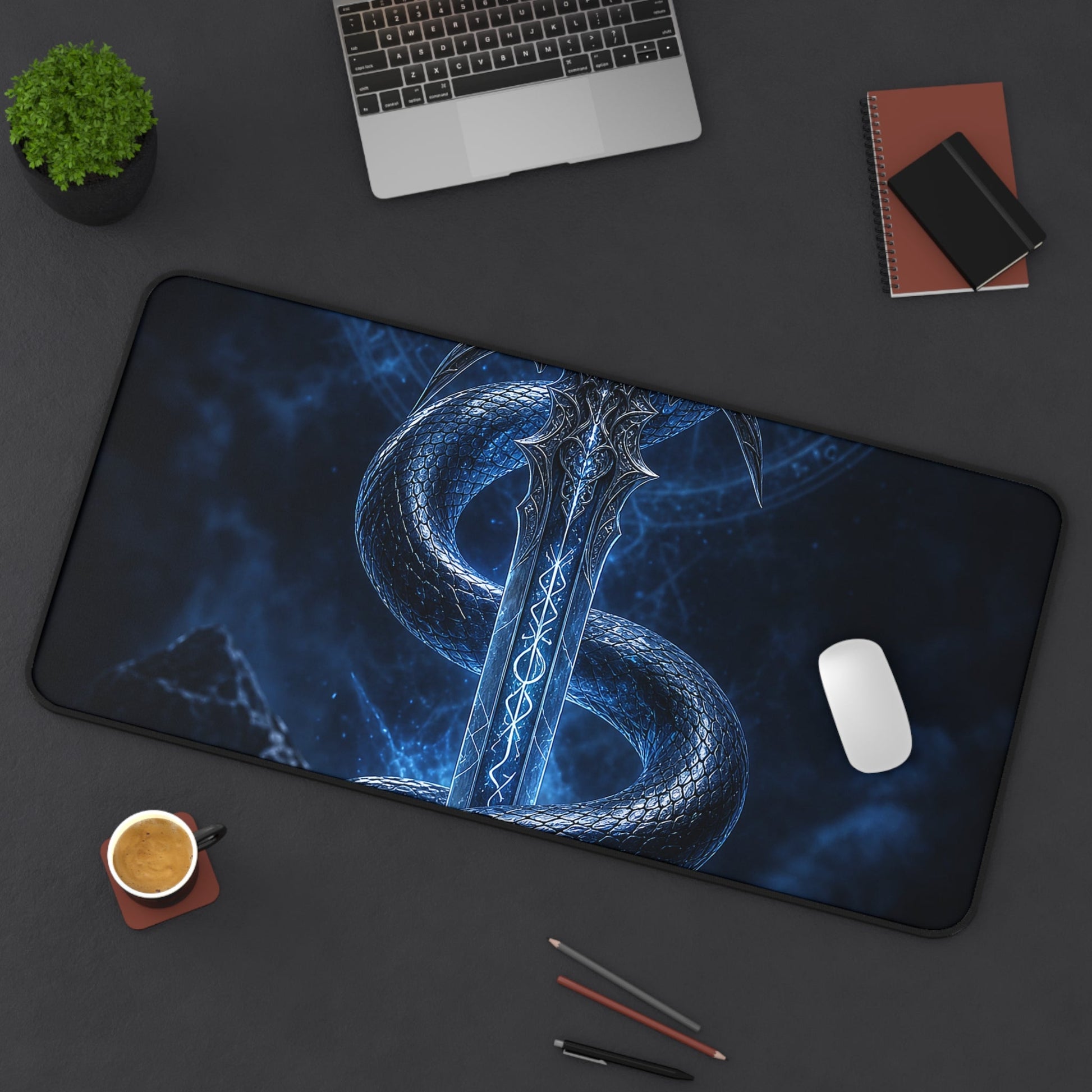 Serpent Coiled Around Sword - Dark Fantasy Gaming Desk Mat - Moikas