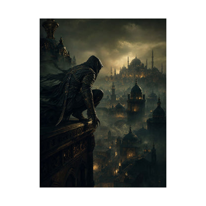 Shadow Assassin On Rooftop - Dark Fantasy Art Print (Matte Poster) - Moikas