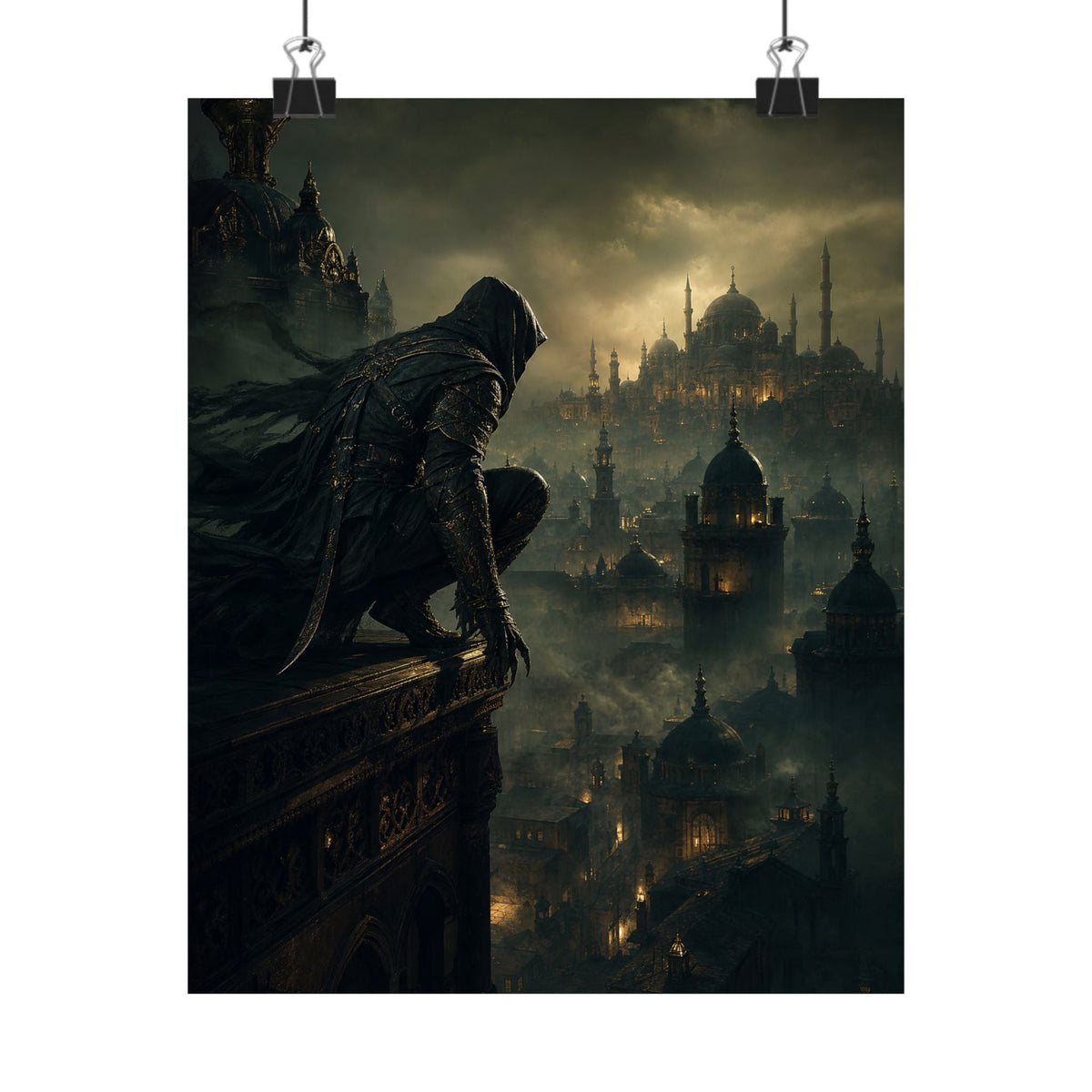 Shadow Assassin On Rooftop - Dark Fantasy Art Print (Matte Poster) - Moikas