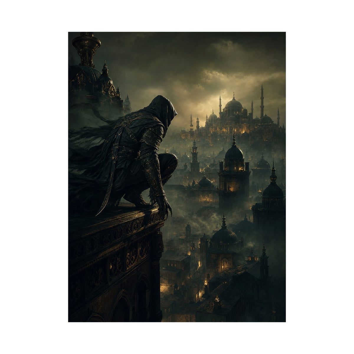 Shadow Assassin On Rooftop - Dark Fantasy Art Print (Matte Poster) - Moikas