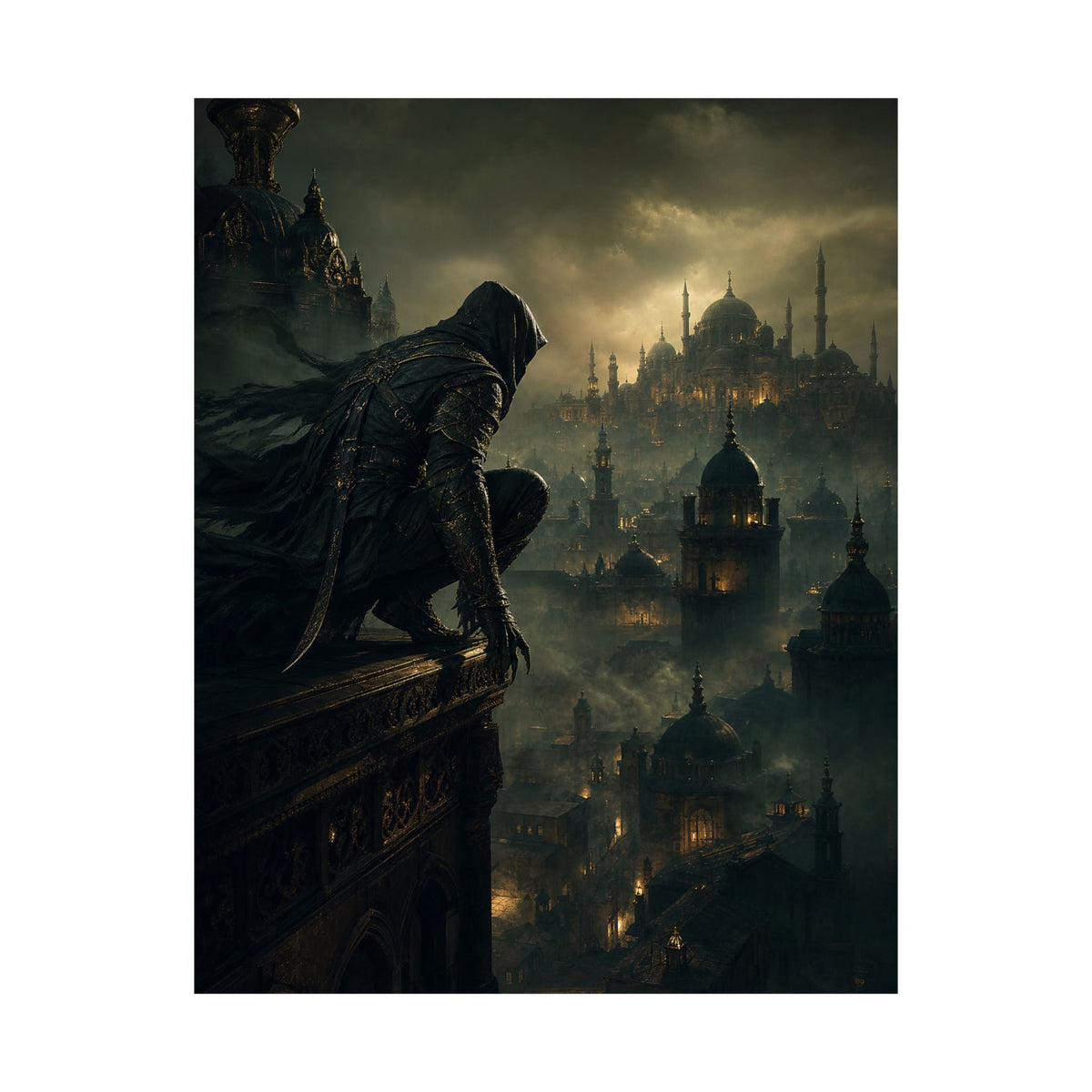 Shadow Assassin On Rooftop - Dark Fantasy Art Print (Matte Poster) - Moikas