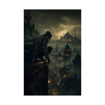 Shadow Assassin On Rooftop - Dark Fantasy Art Print (Matte Poster) - Moikas