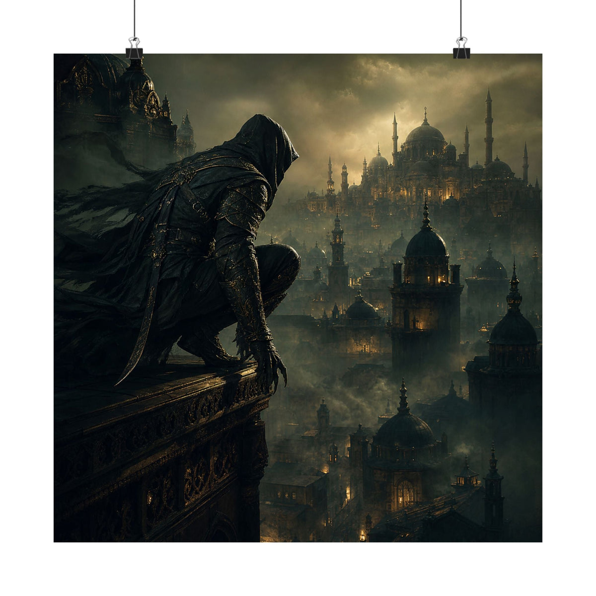 Shadow Assassin On Rooftop - Dark Fantasy Art Print (Matte Poster) - Moikas