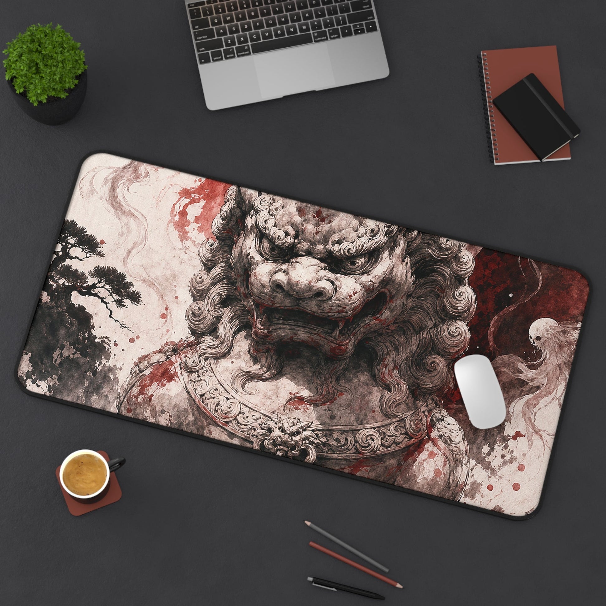 Shishi Lion Dog Guardistatue - Japanese Mythology Gaming Desk Mat - Moikas