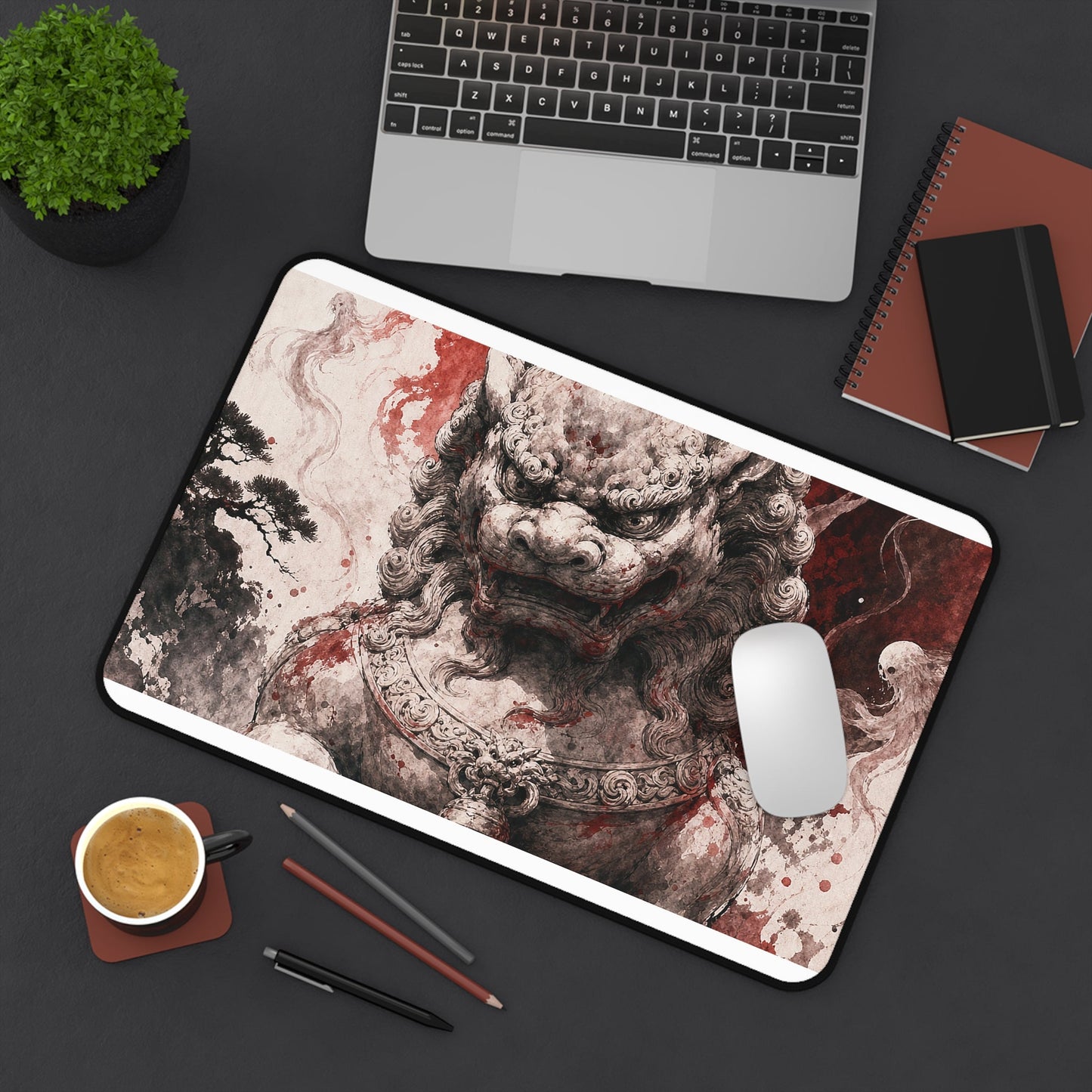 Shishi Lion Dog Guardistatue - Japanese Mythology Gaming Desk Mat - Moikas
