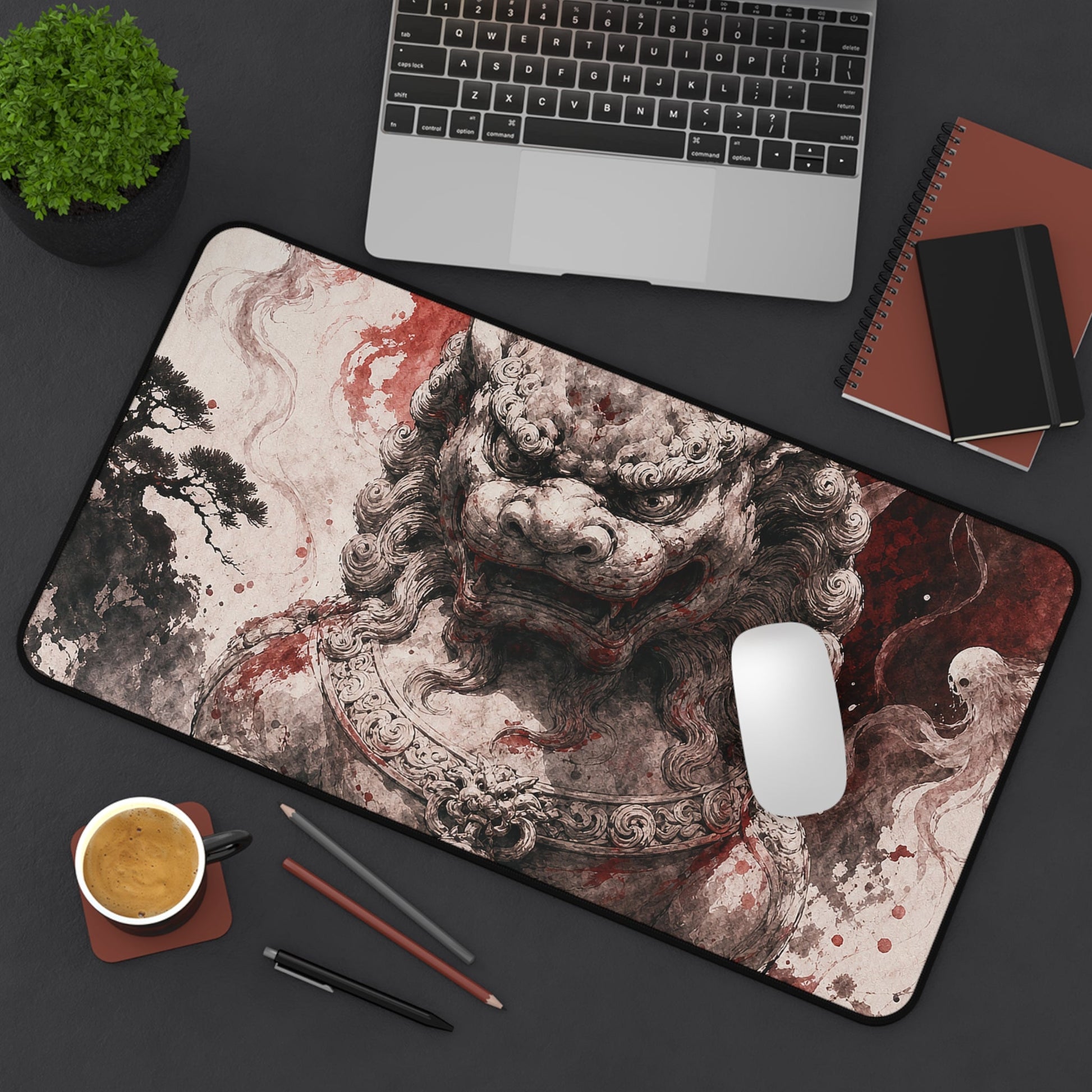 Shishi Lion Dog Guardistatue - Japanese Mythology Gaming Desk Mat - Moikas