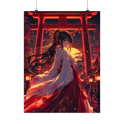 Shrine Maiden At Torii Gate - Anime Manga Art Print (Matte Poster) - Moikas