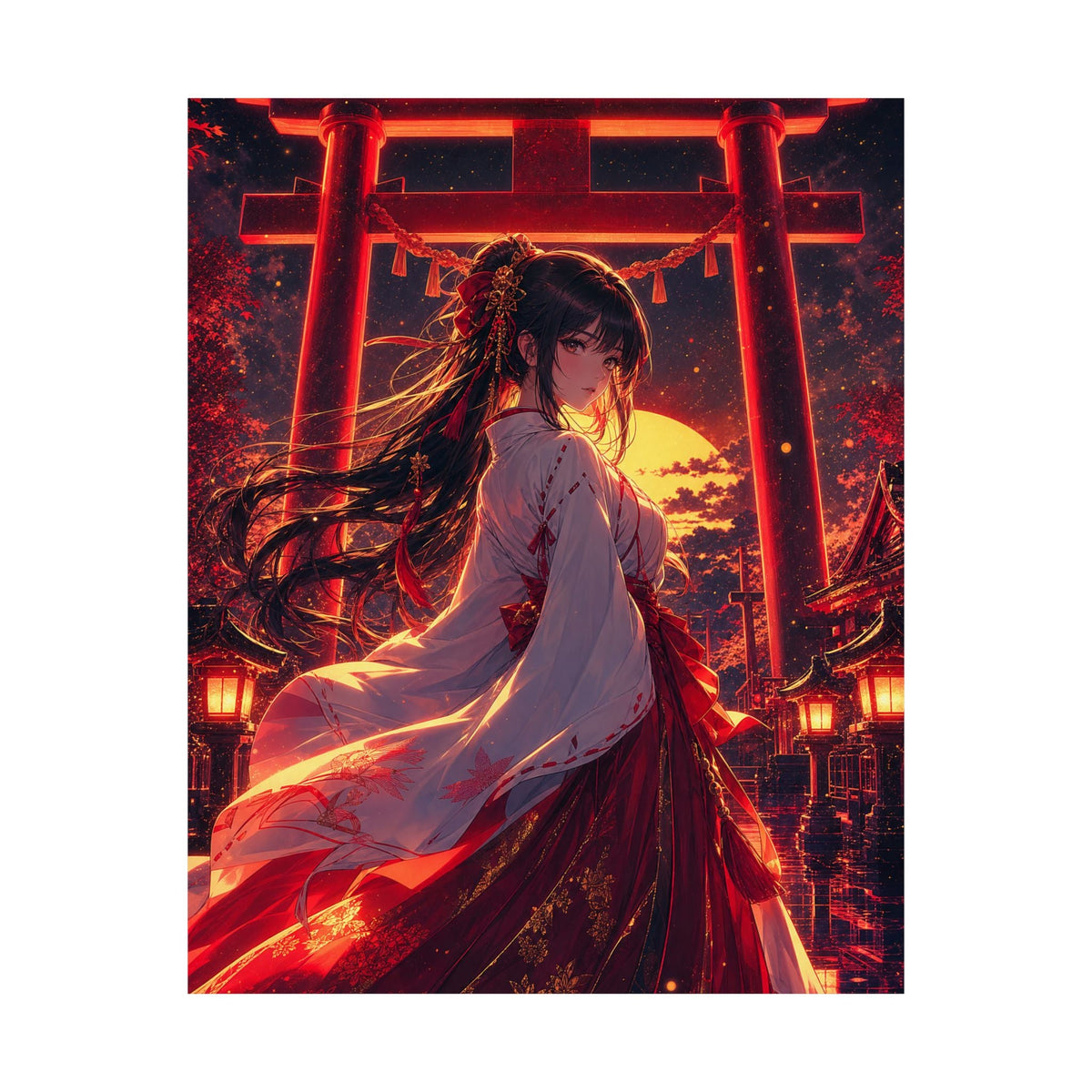 Shrine Maiden At Torii Gate - Anime Manga Art Print (Matte Poster) - Moikas