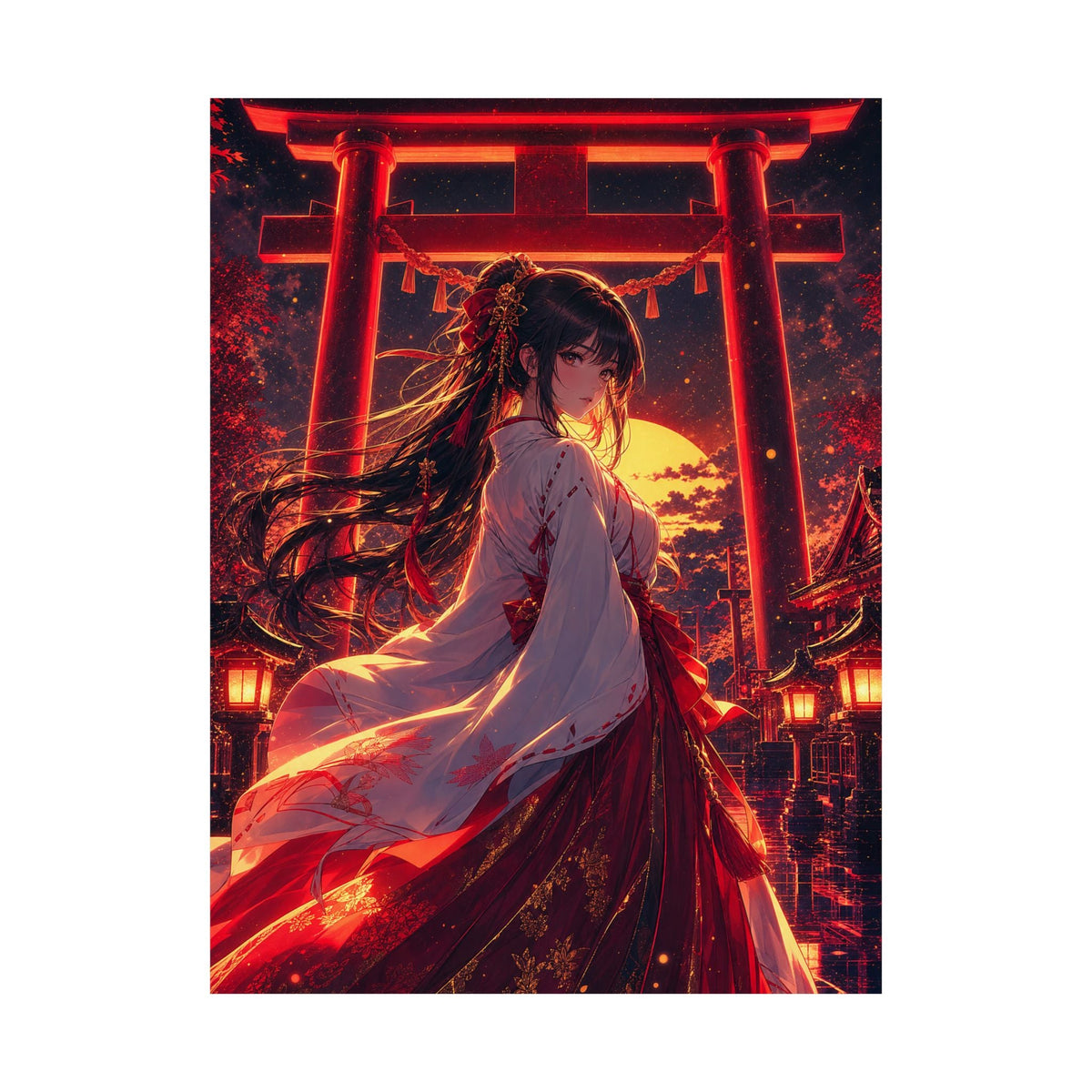 Shrine Maiden At Torii Gate - Anime Manga Art Print (Matte Poster) - Moikas