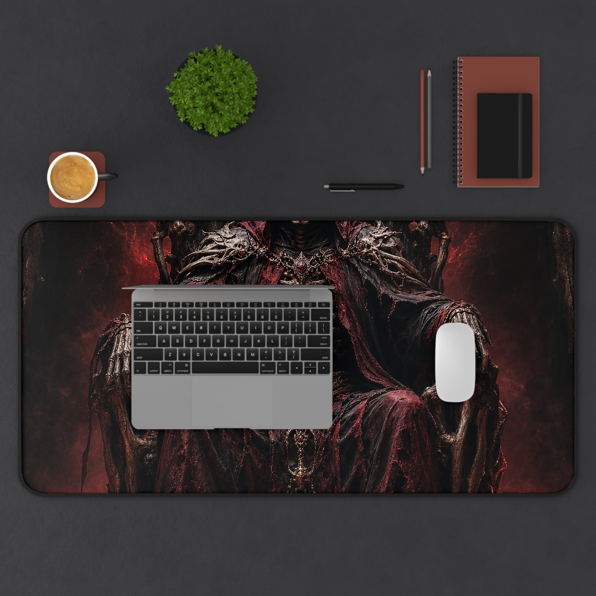 Skeletal King On Throne Of Bones - Dark Fantasy Gaming Desk Mat - Moikas