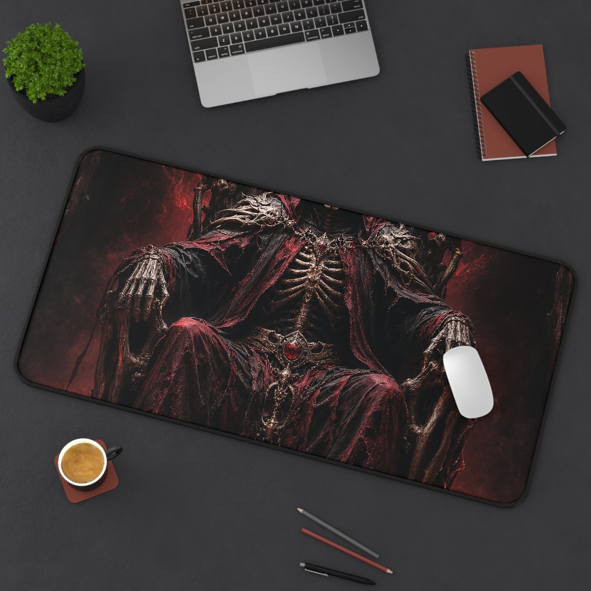 Skeletal King On Throne Of Bones - Dark Fantasy Gaming Desk Mat - Moikas