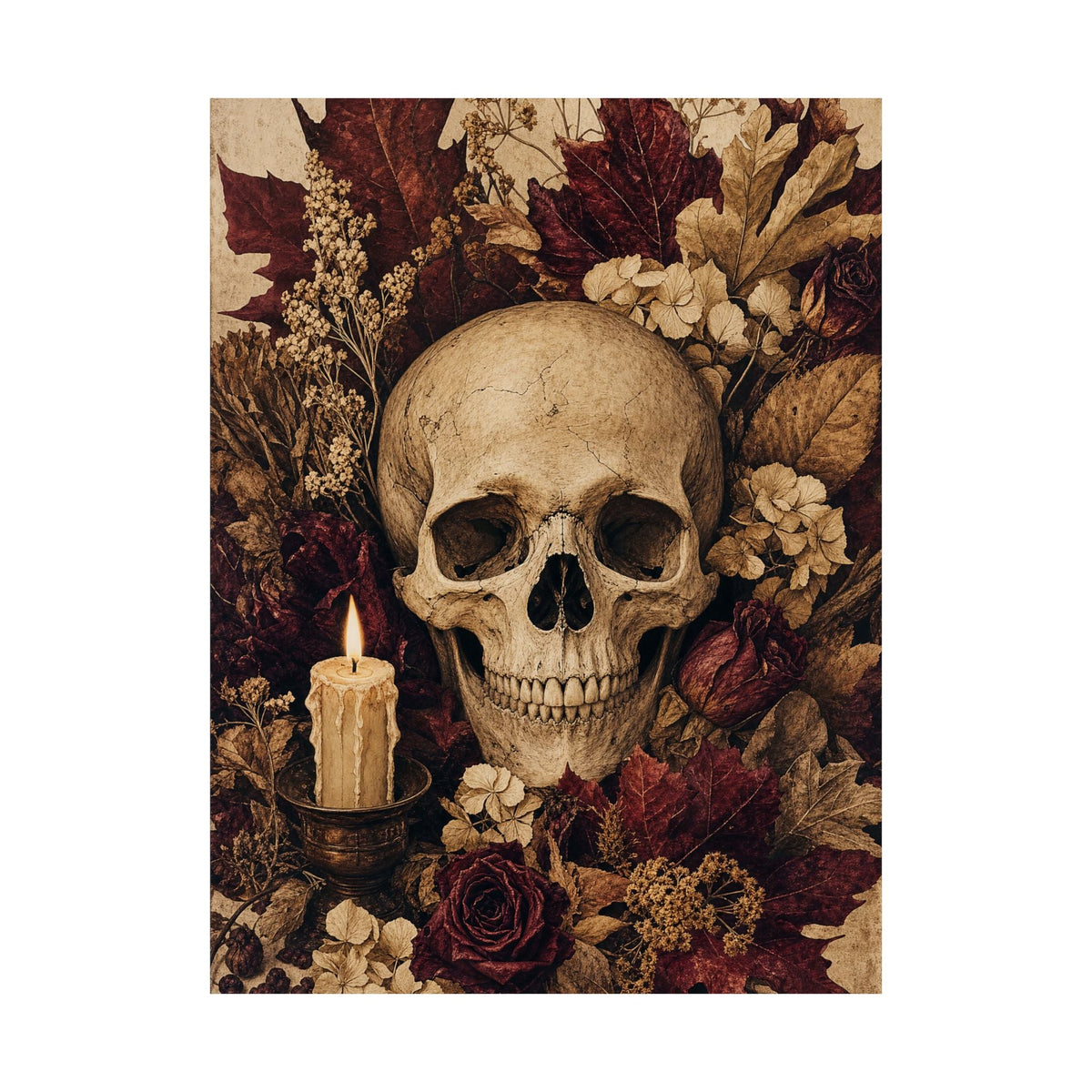 Skull Surrounded By Autumn Leaves - Dark Academia Art Print (Matte Poster) - Moikas